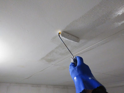 【天井】下塗り塗装<br />
<br />
カビや藻等が発生してしまった面へ、防カビ塗装を行う前に、前処理として殺菌するための塗装です。