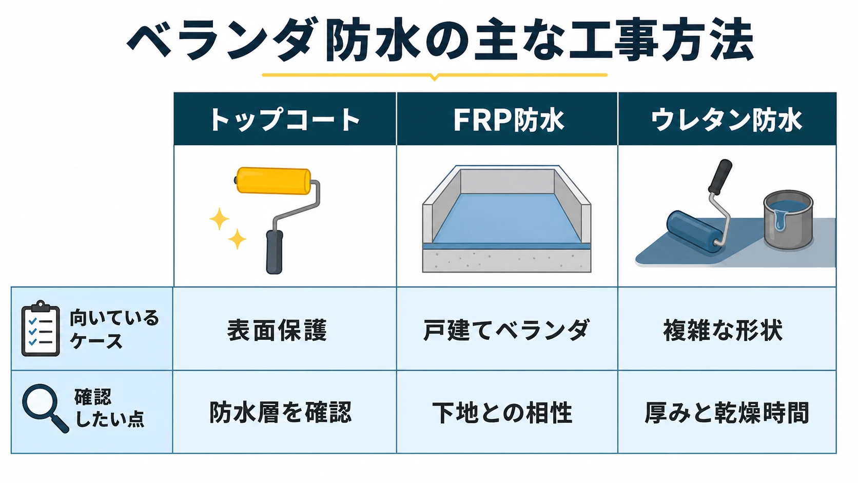 ベランダ防水の主な工事方法