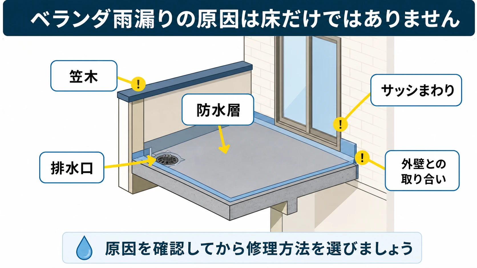 ベランダ雨漏りの原因箇所