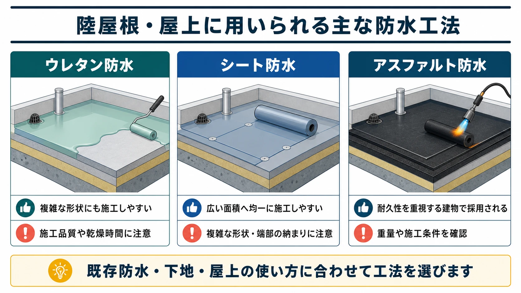 陸屋根・屋上に用いられる主な防水工法
