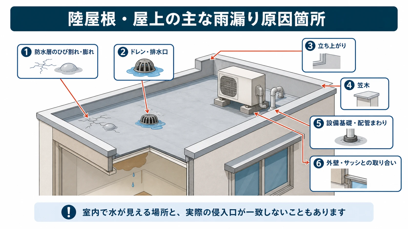 陸屋根・屋上の主な雨漏り原因箇所