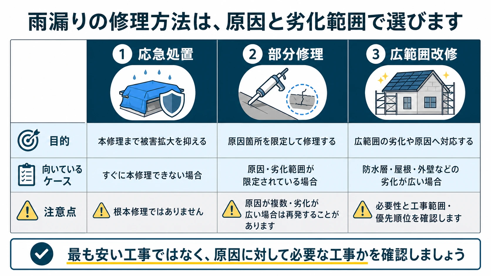 雨漏りの修理方法は原因と劣化範囲で選びます