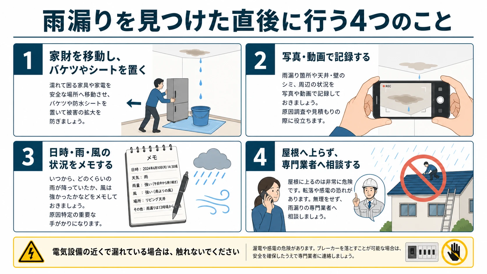 雨漏りを見つけた直後に行う4つのこと